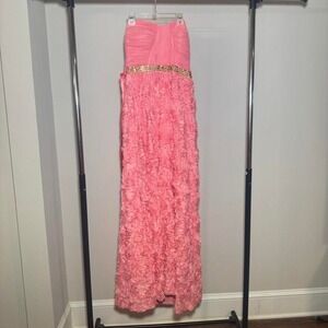 Pink Strapless Prom Dress With Gold Jeweled Belt and Flower Skirt Size 7 Dance